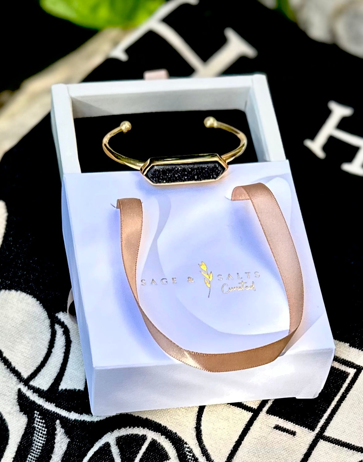 Black Agate Druzy Gold Cuff Bracelet